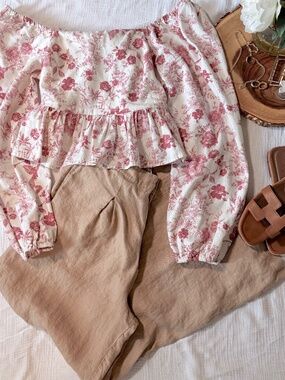 Francesca’s Leah Floral Tie Back Blouse Linen Blend Cottagecore Boho Size L